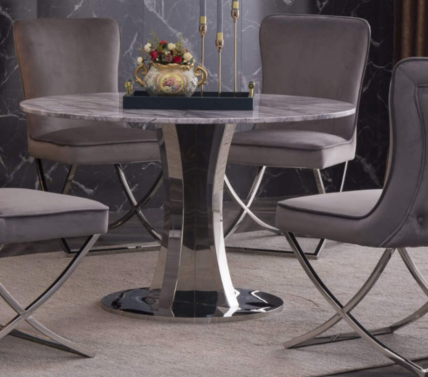 Panama Round Marble Dining Table – Natural Stone Top with Stainless Steel Base, 120cm