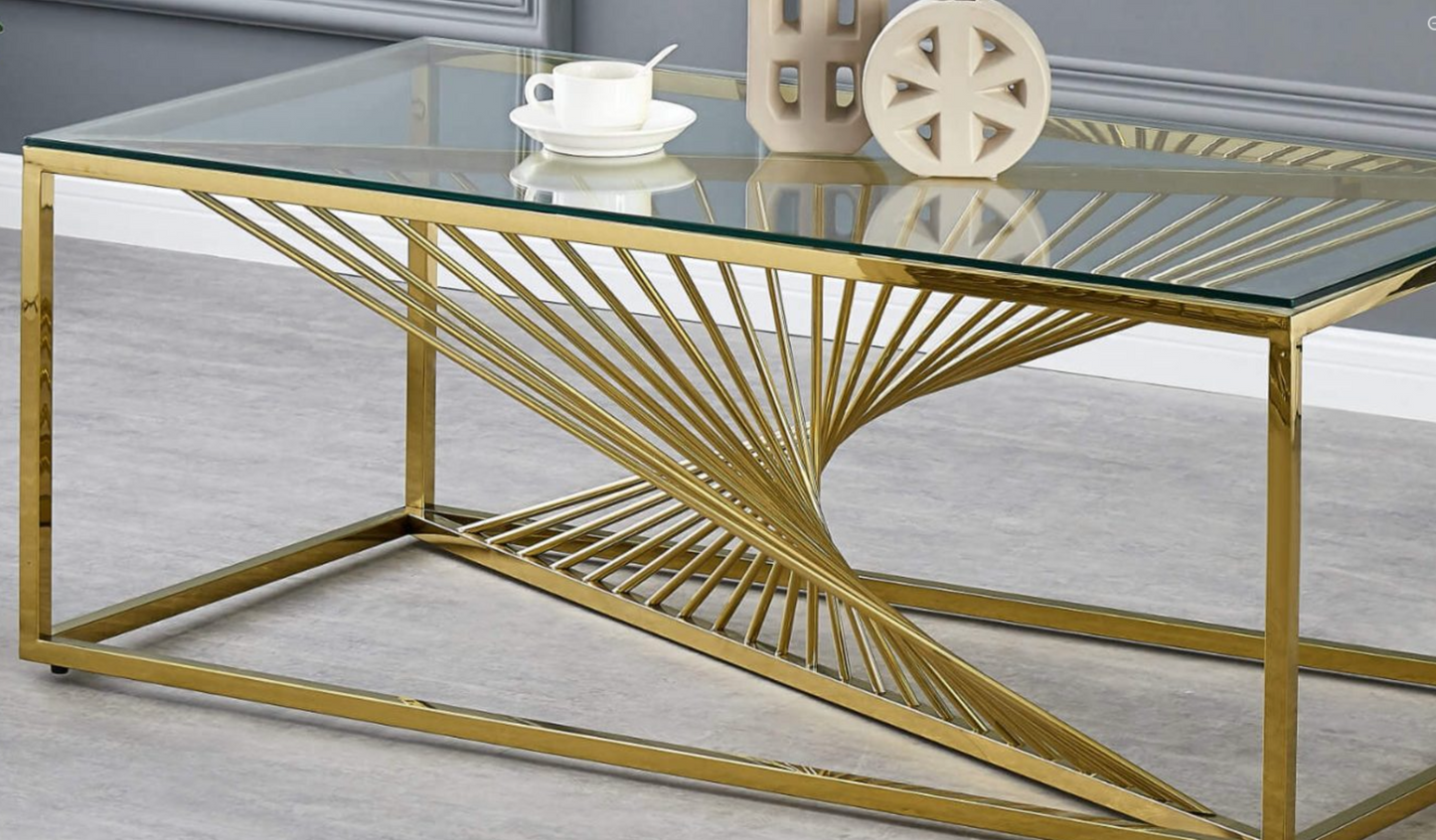 Vista Clear Glass Coffee Table with Gold Stainless Steel Base – 1000W x 500D x 450H mm |