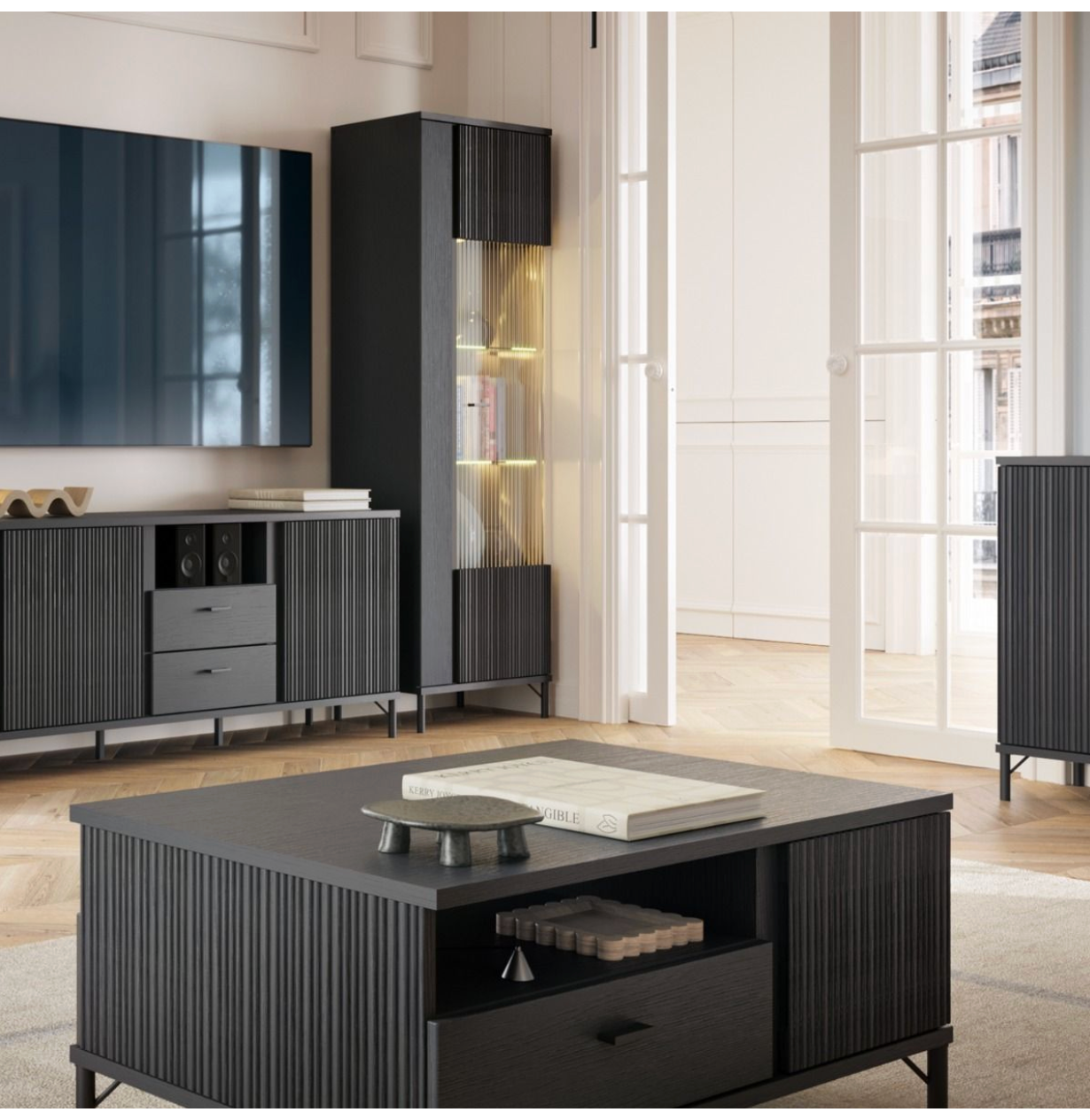 Lusaka TV Cabinet 2 Door 2 Drawer in Black Graphite