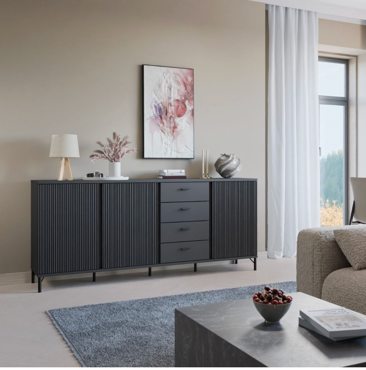 Lusaka Sideboard 3 Door 4 Drawer in Black Graphite