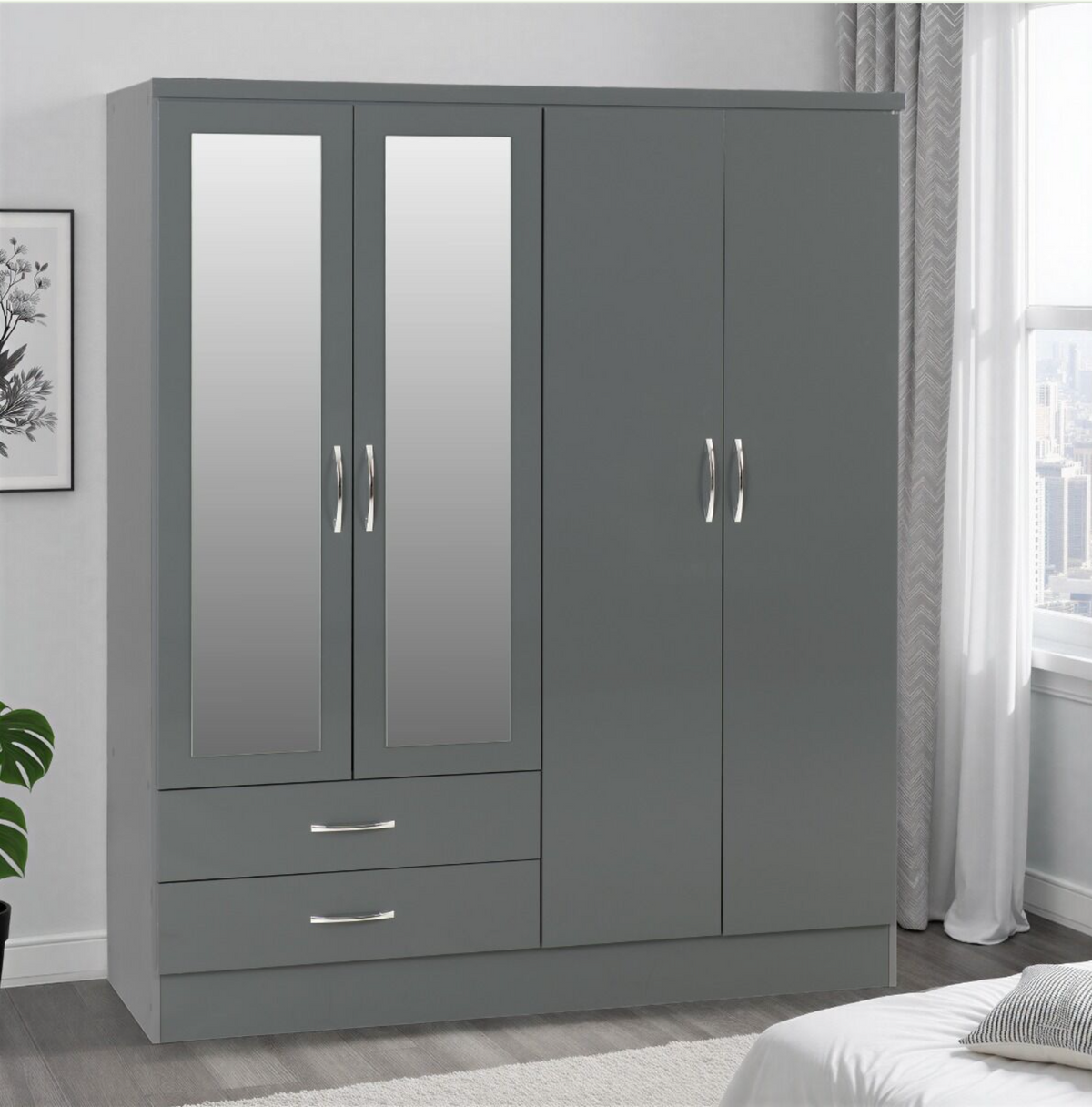 Nevada 4 Door 2 Drawer Wardrobe - Grey Gloss