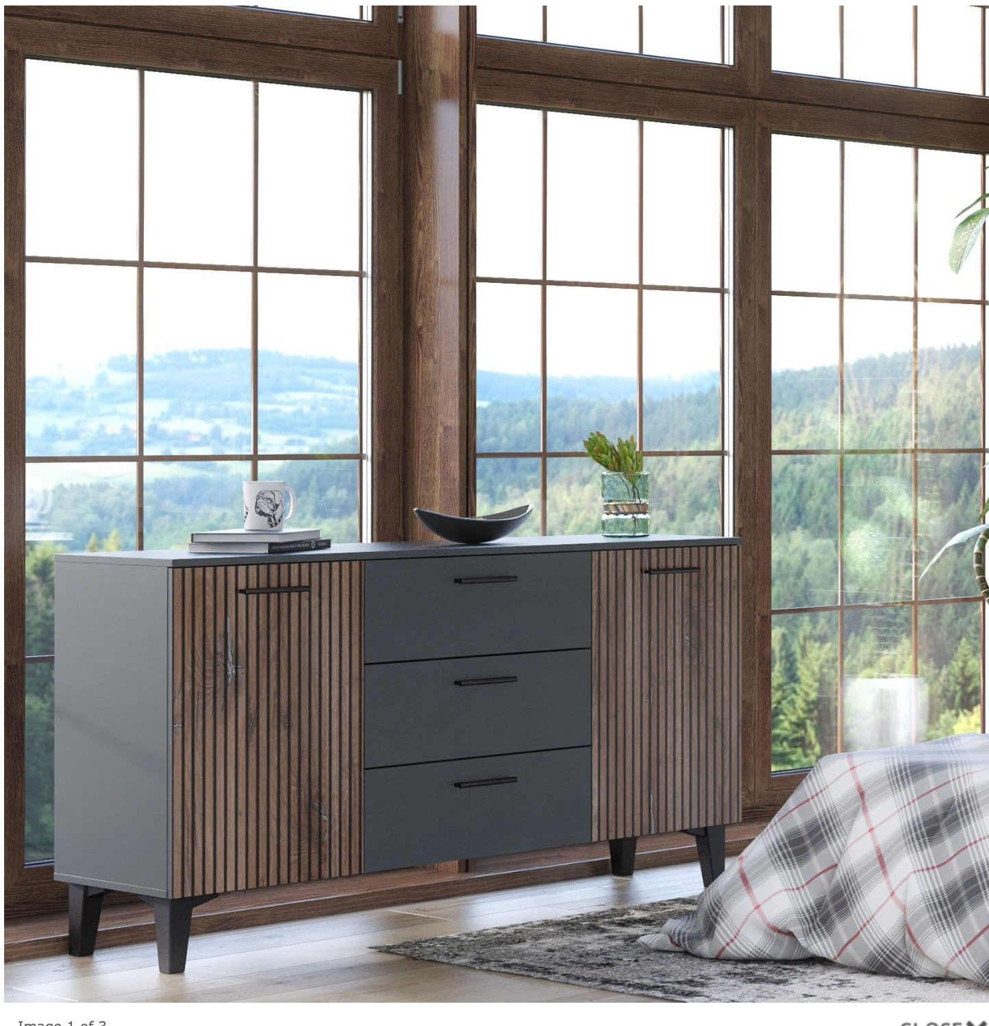 Woodsmith Dark Grey And Slated Rustic Oak Effect Large Wide 2 Door 3 Drawer Sideboard