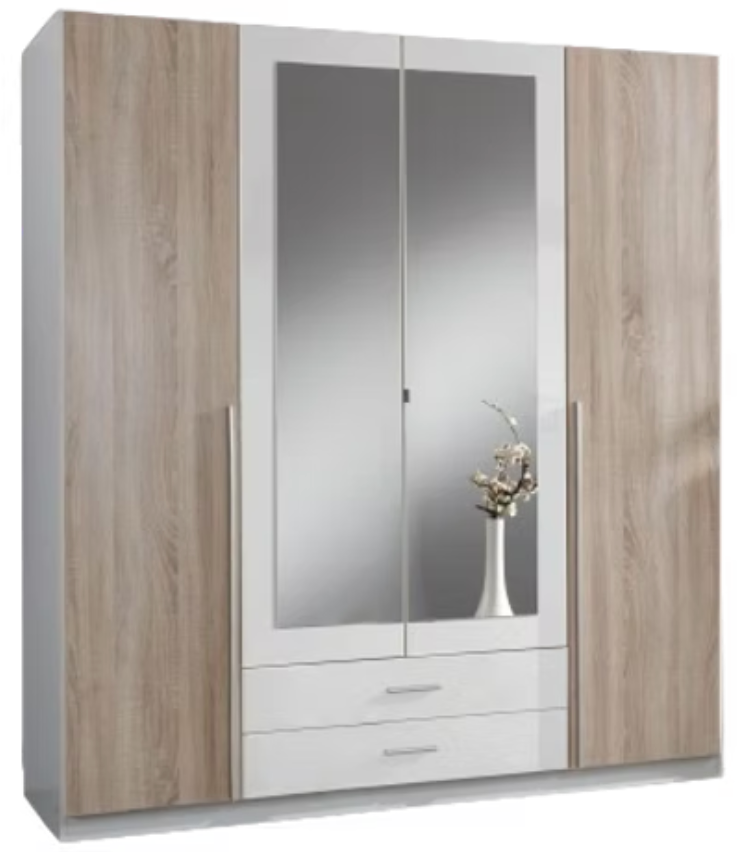 Artic White and Oak Effect 4 Door / 2 Drawer Wardrobe