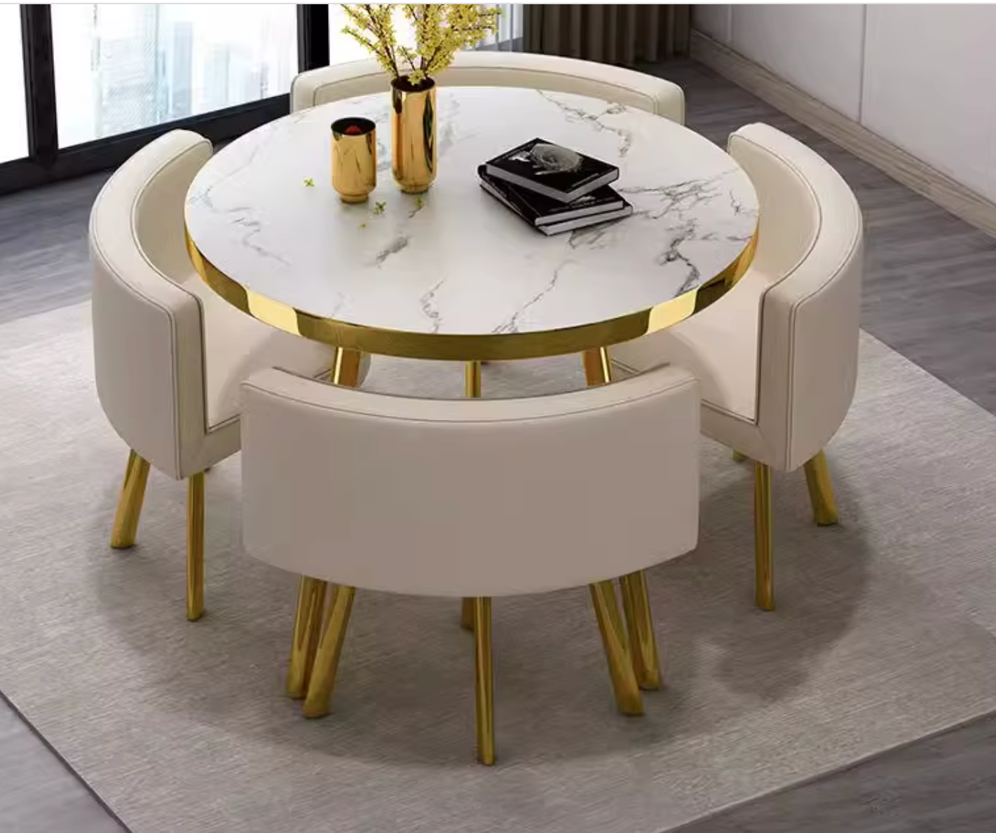 Luxury Round Top Dining Table Set with Metal Chairs MDF Wood for Living Room Restaurant Bar Office 1 Table 4 Chairs