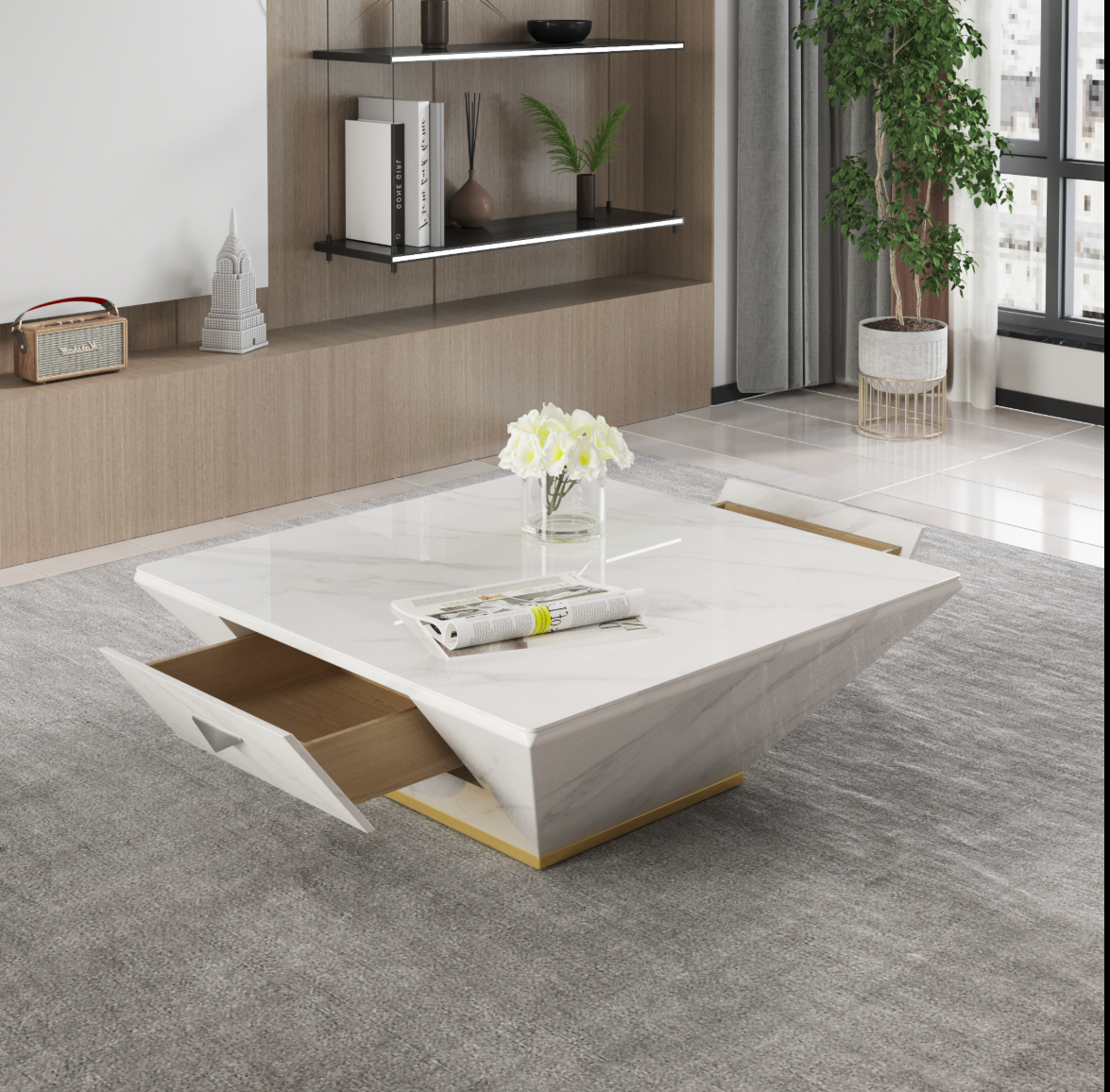 Luxury White Marble Coffee Table – Square Drum Trapezoid Design for Modern Living Rooms