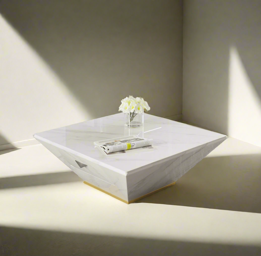 Luxury White Marble Coffee Table – Square Drum Trapezoid Design for Modern Living Rooms