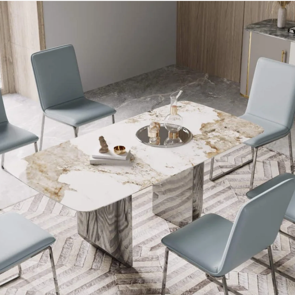 Montego 2000W Dining Table – Marble Finish, Silver Base