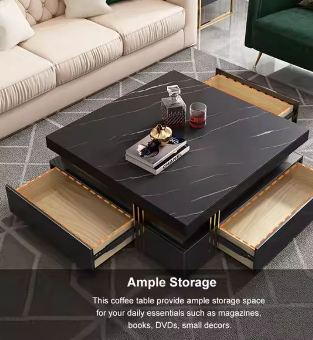 Luxury White and Gold Marble Effect Coffee Table With Storage