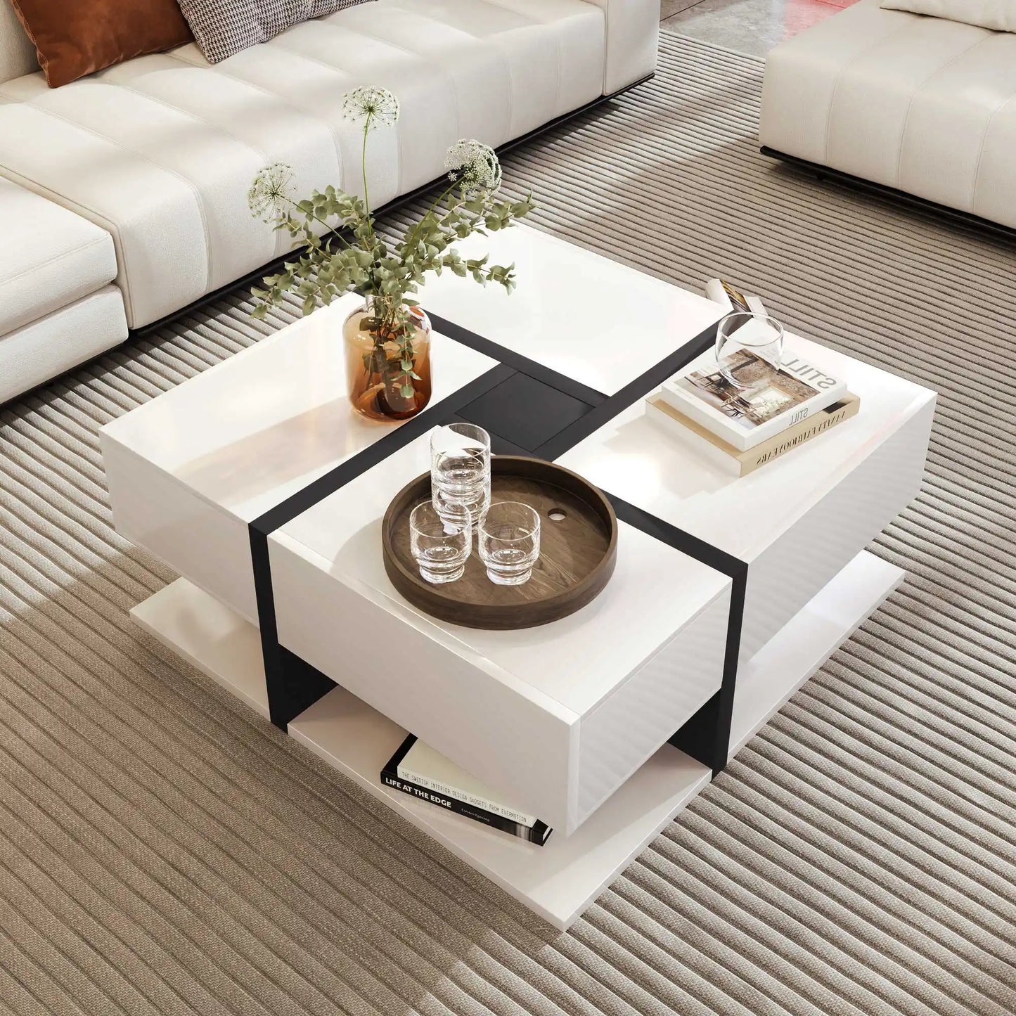 Modern Coffee Table with 4 Drawers – Unique Color Matching & Line Design | 78×78×36cm Storage Center Table