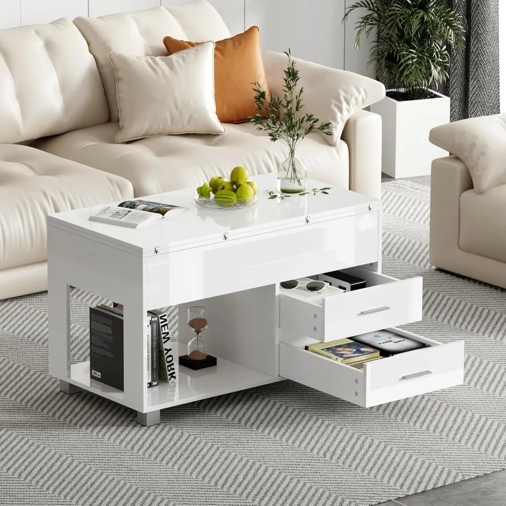 4-in-1 High Gloss Lift-Top Coffee Table with Hidden Storage, Open Shelf & 2 Drawers