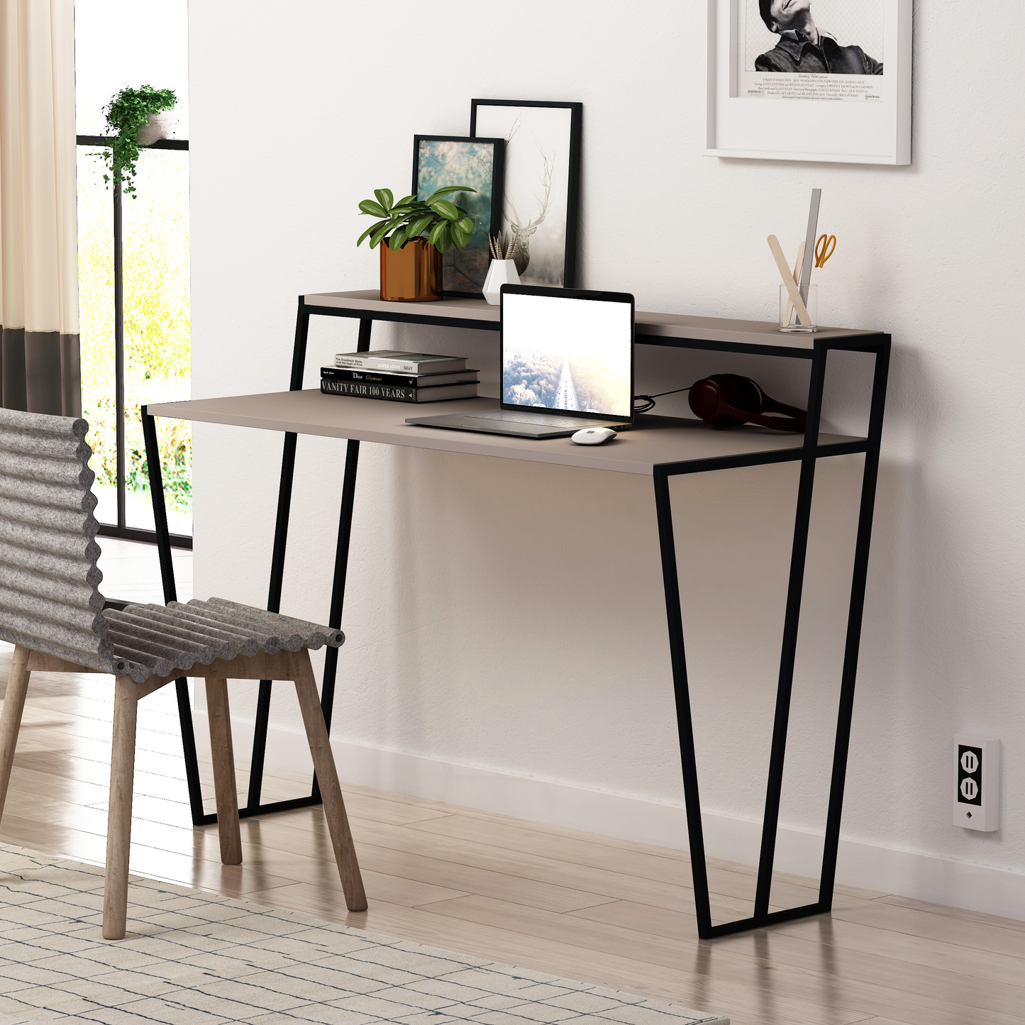 Pal Modern Study Desk Mocha Grey with Monitor Stand – 124cm
