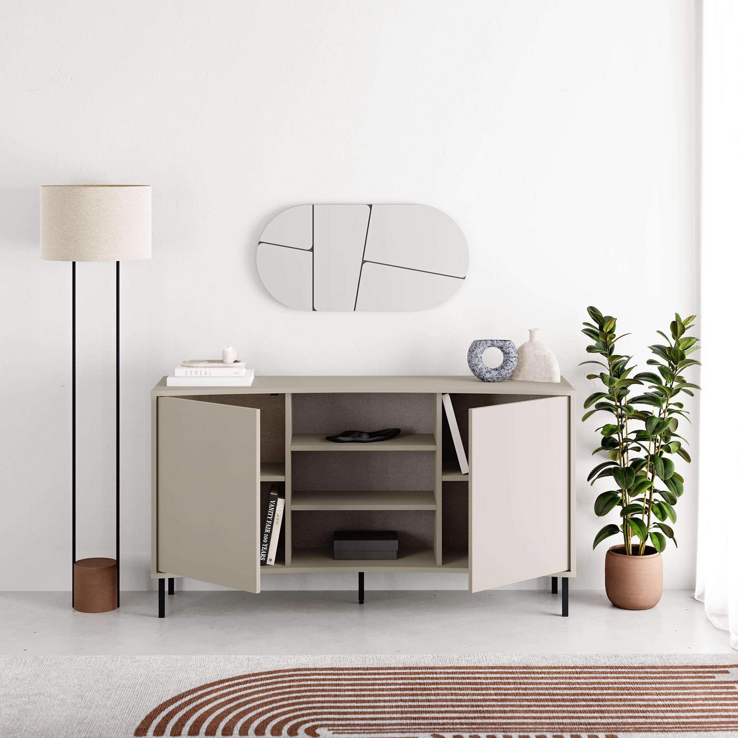 Frem 2 Door Curved Sideboard – Sandstone with Black Metal Legs