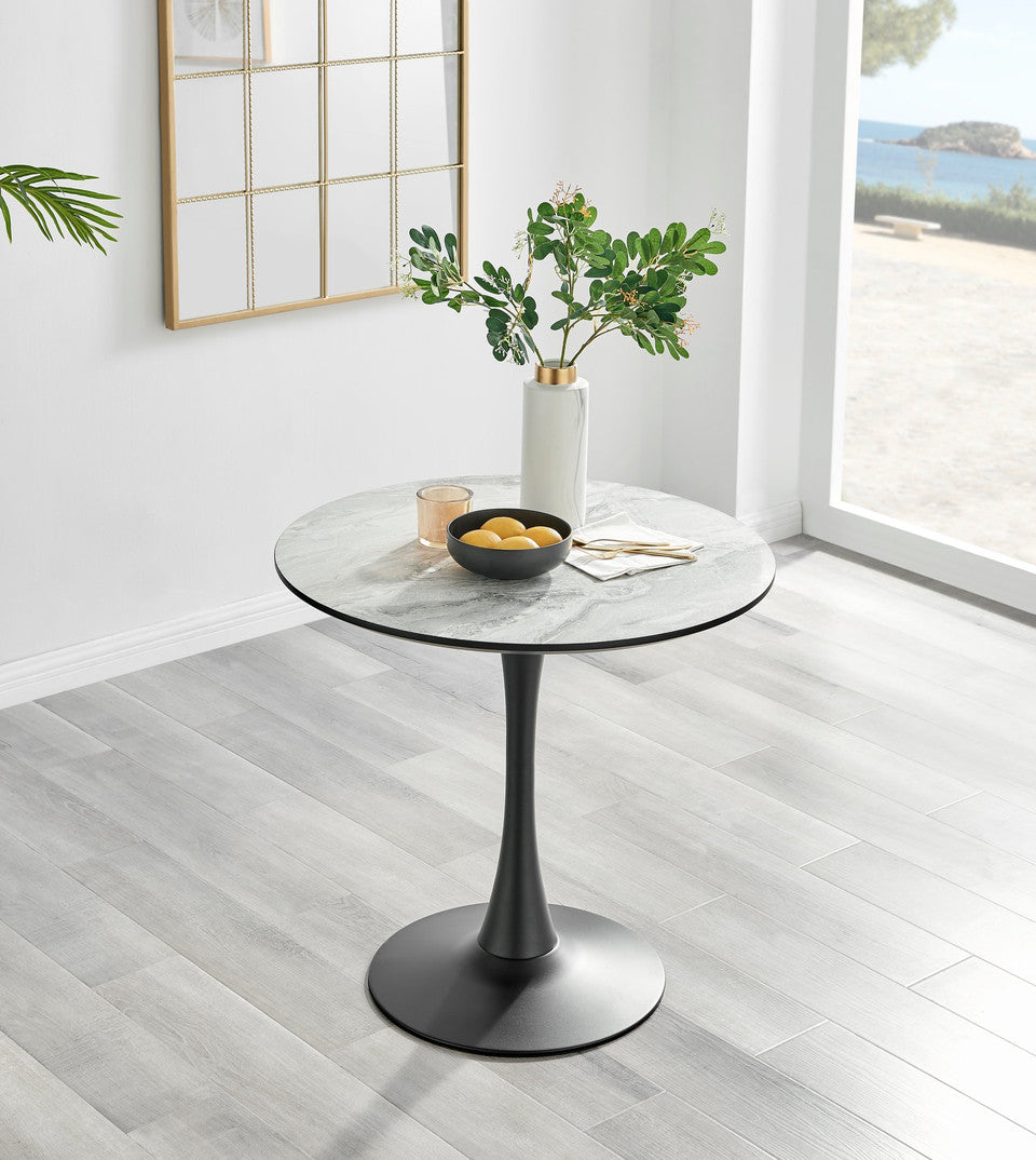 Elina White Marble Effect Round Dining Table & 2 Pesaro Black Leg Chairs