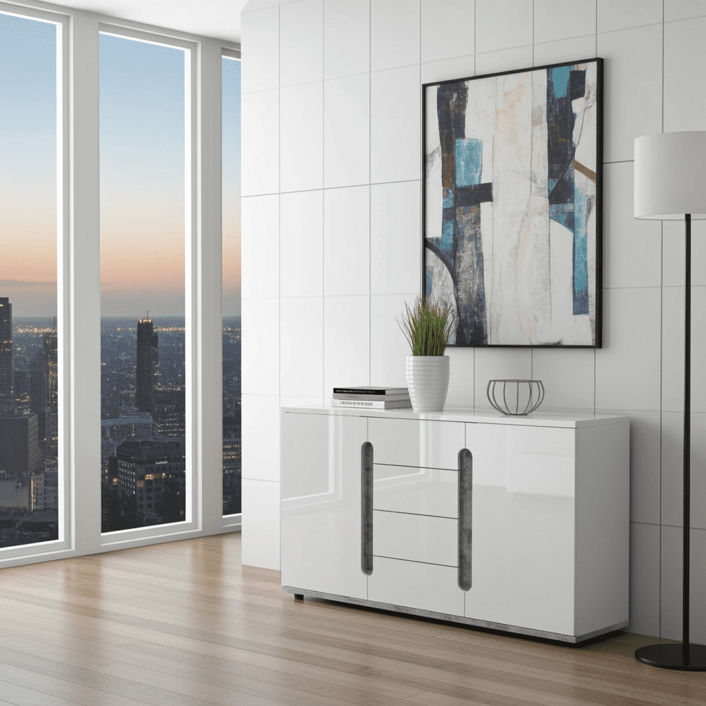 Elise White High Gloss And Grey 2 Door / 4 Drawer Sideboard T46