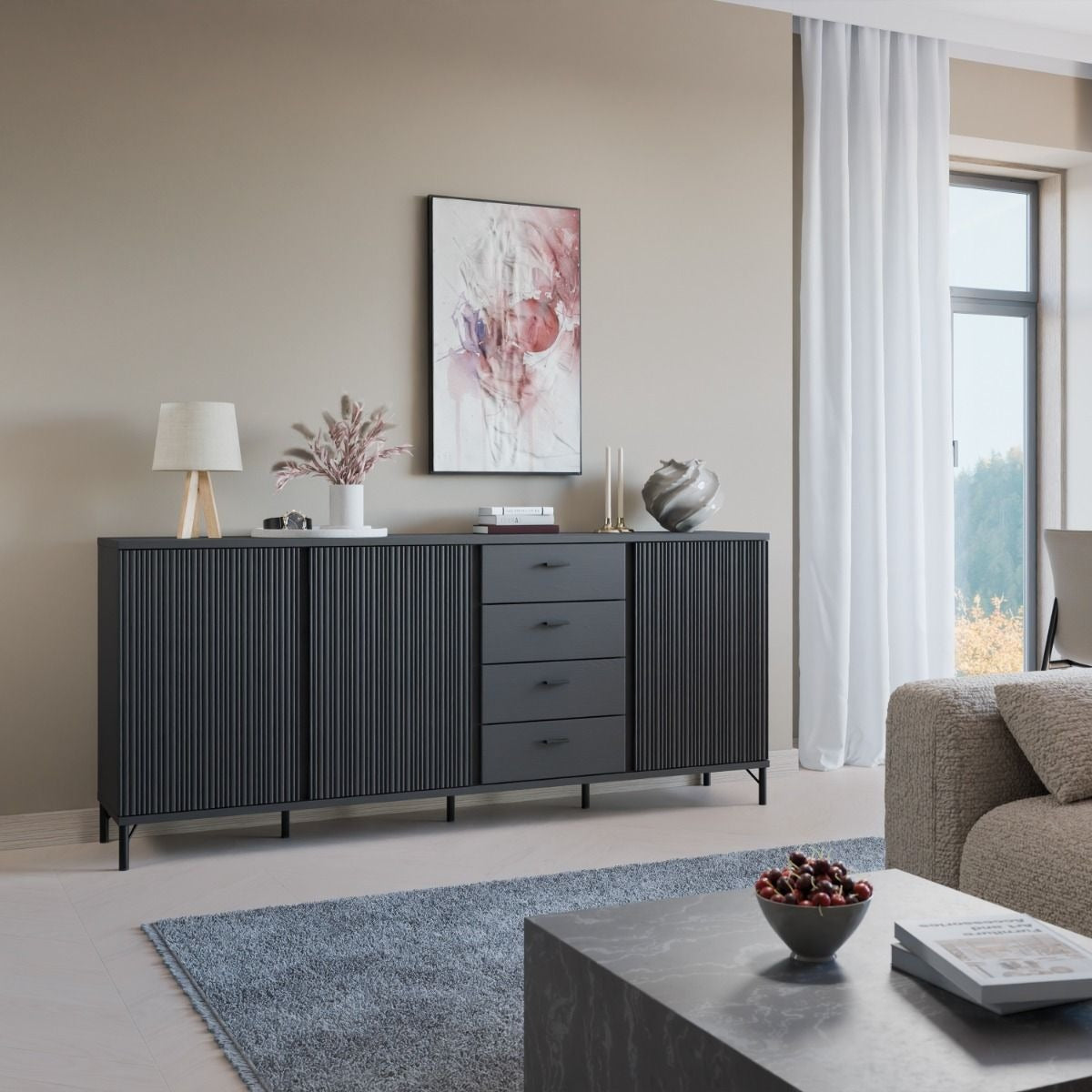 Lusaka Sideboard 3 Door 4 Drawer in Black Graphite