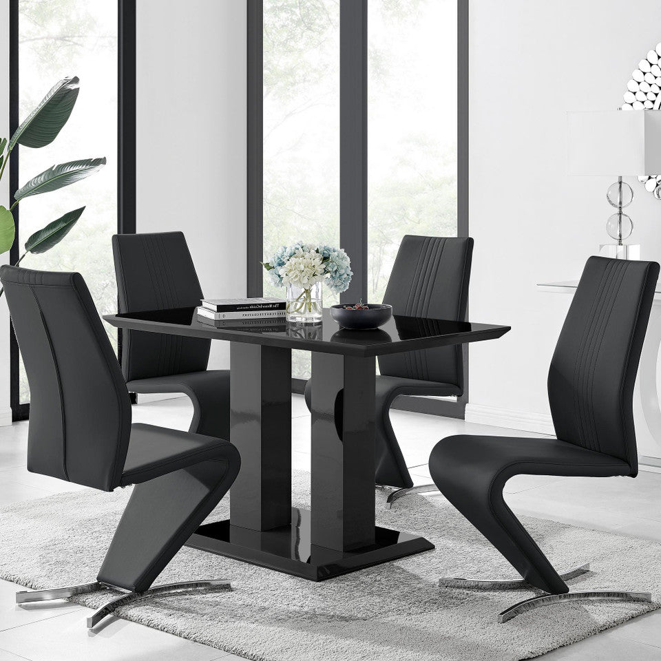 Imperia 4 Modern Black High Gloss Dining Table And 4 Luxury Willow Chairs Set