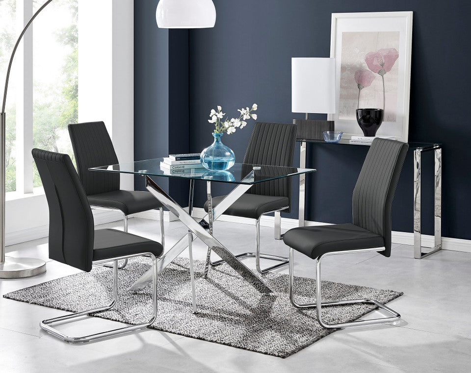 Leonardo Glass And Chrome Metal Dining Table And 4 Lorenzo Dining Chairs