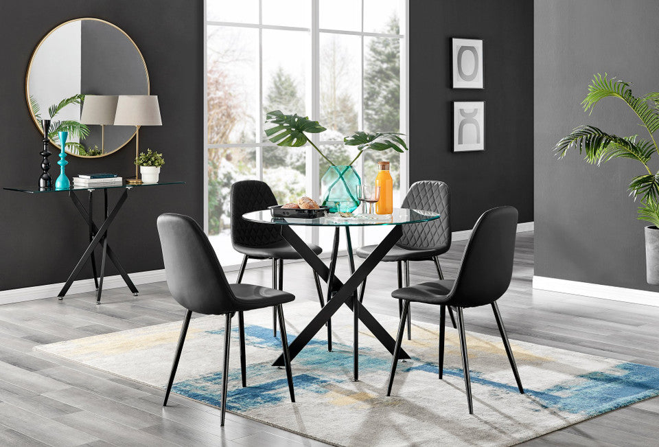 Novara Black Leg Round Glass Dining Table & 4 Corona Black Leg Chairs