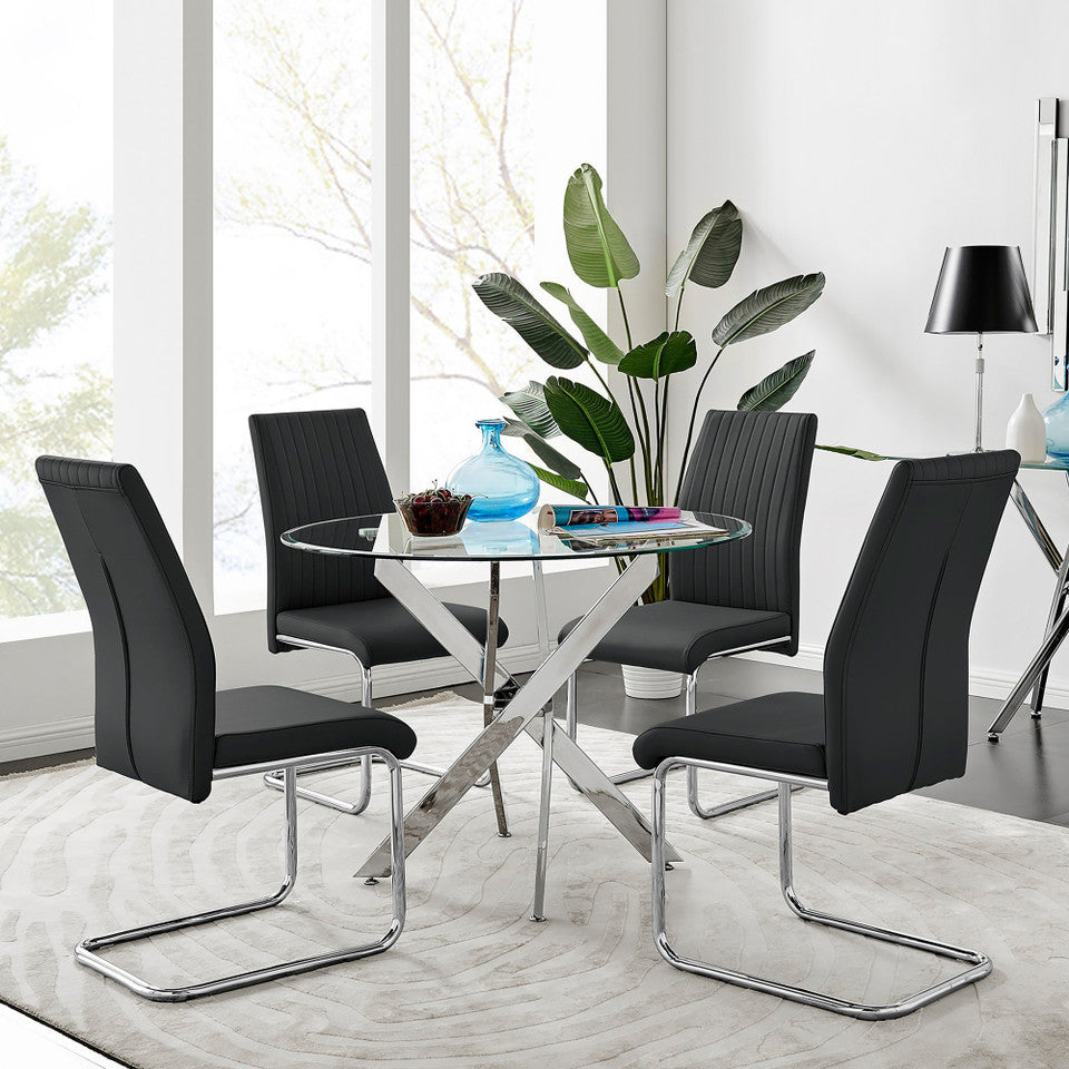 Novara Chrome Metal 100cm Round Glass Dining Table And 4 Lorenzo Dining Chairs