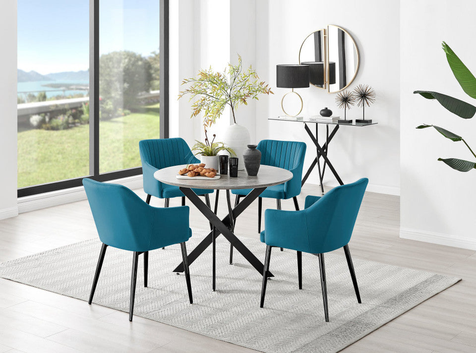 Novara Grey Concrete Effect Black Leg Round Dining Table & 4 Calla Black Leg Chairs