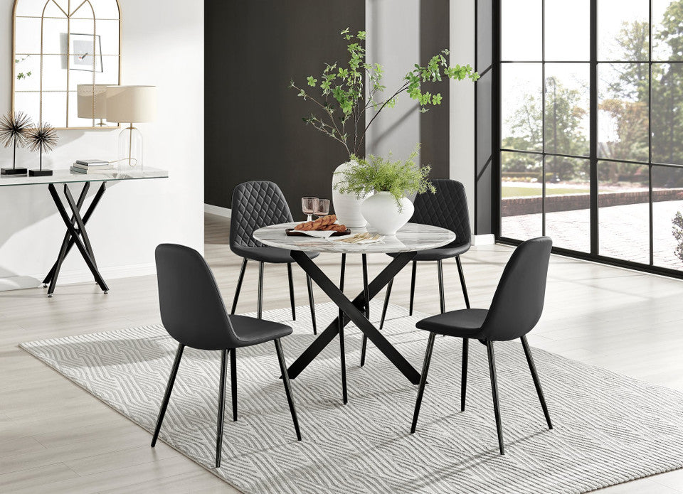 Novara White Marble Black Leg Round Dining Table & 4 Corona Black Leg Chairs