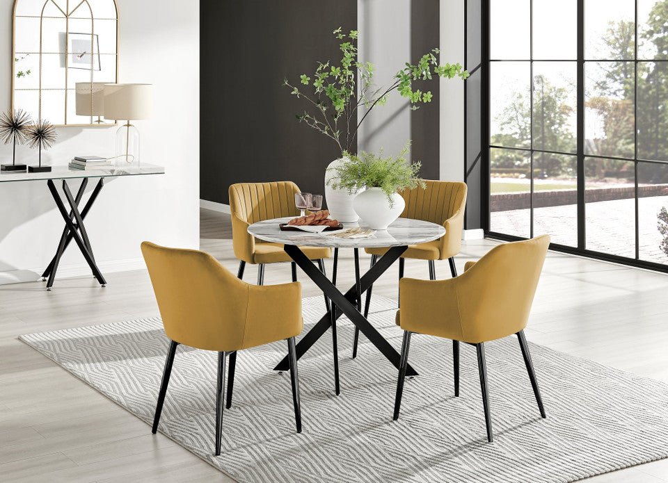 Novara White Marble Black Leg Round Dining Table & 4 Calla Black Leg Chairs