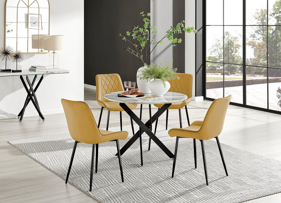 Novara White Marble Black Leg Round Dining Table & 4 Pesaro Black Leg Chairs