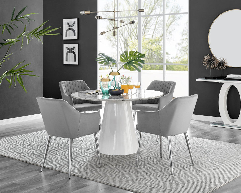 Palma White Marble Effect Round Dining Table & 4 Calla Silver Leg Chairs