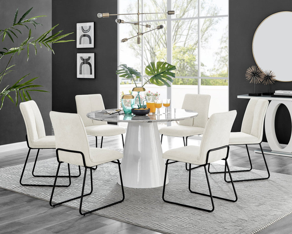 Palma White Marble Effect Round Dining Table & 6 Halle Black Leg Chairs
