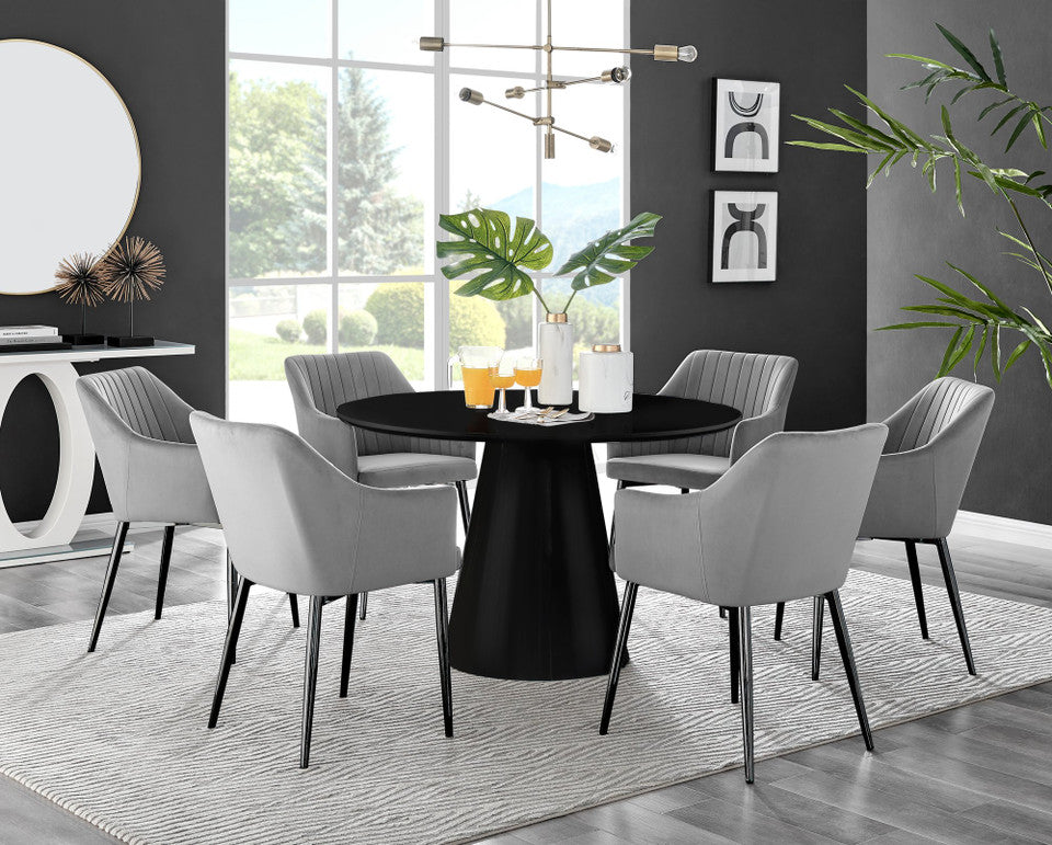 Palma Black Semi Gloss Round Dining Table & 6 Calla Black Leg Chairs