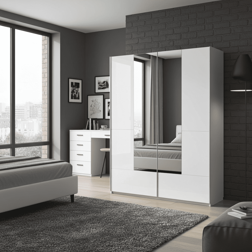 Santino White Gloss Slding Door Wardrobe With Mirrored Door S30