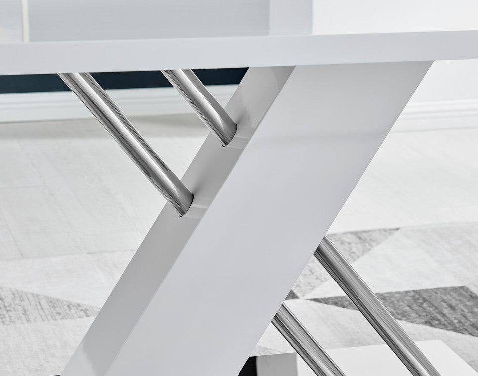 Sorrento Rectangular White High Gloss and Silver Metal 6 Seater Dining Table