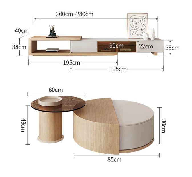 Ndre Nesting Revolving Coffee Table With Extendable TV Stand, Living Room Set
