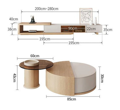 Ndre Nesting Revolving Coffee Table With Extendable TV Stand, Living Room Set
