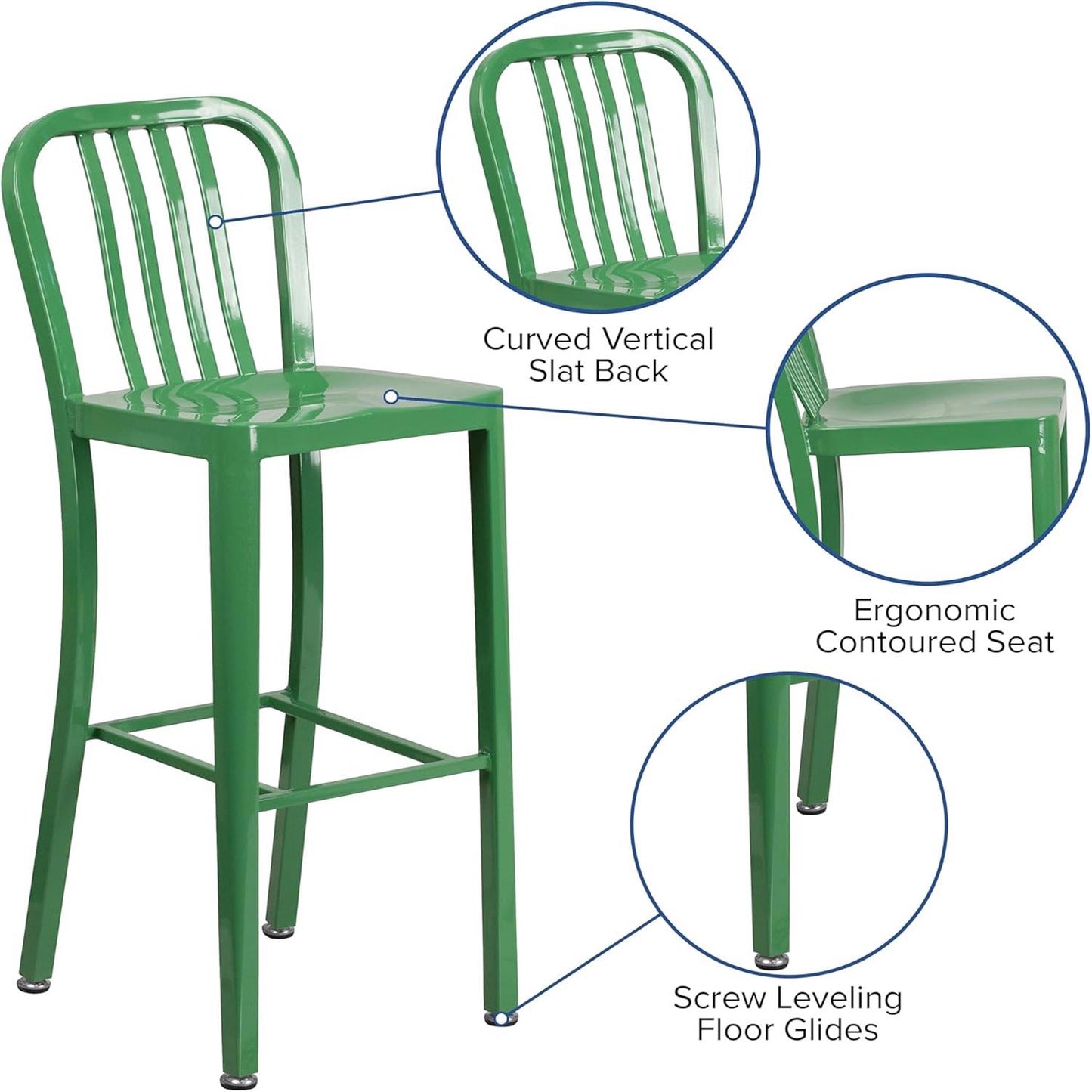 Gael Slat Back Commercial Bar Stool Green – Set of 2 | Industrial Style