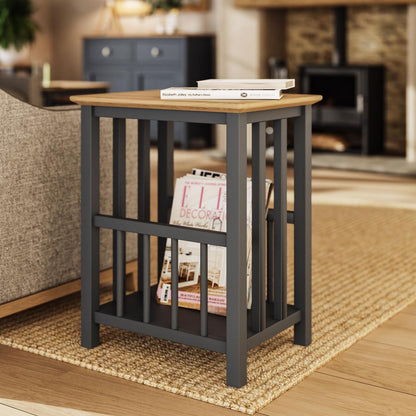 Taberno Graphite Blue Magazine Rack & Turntable Stand – Oak