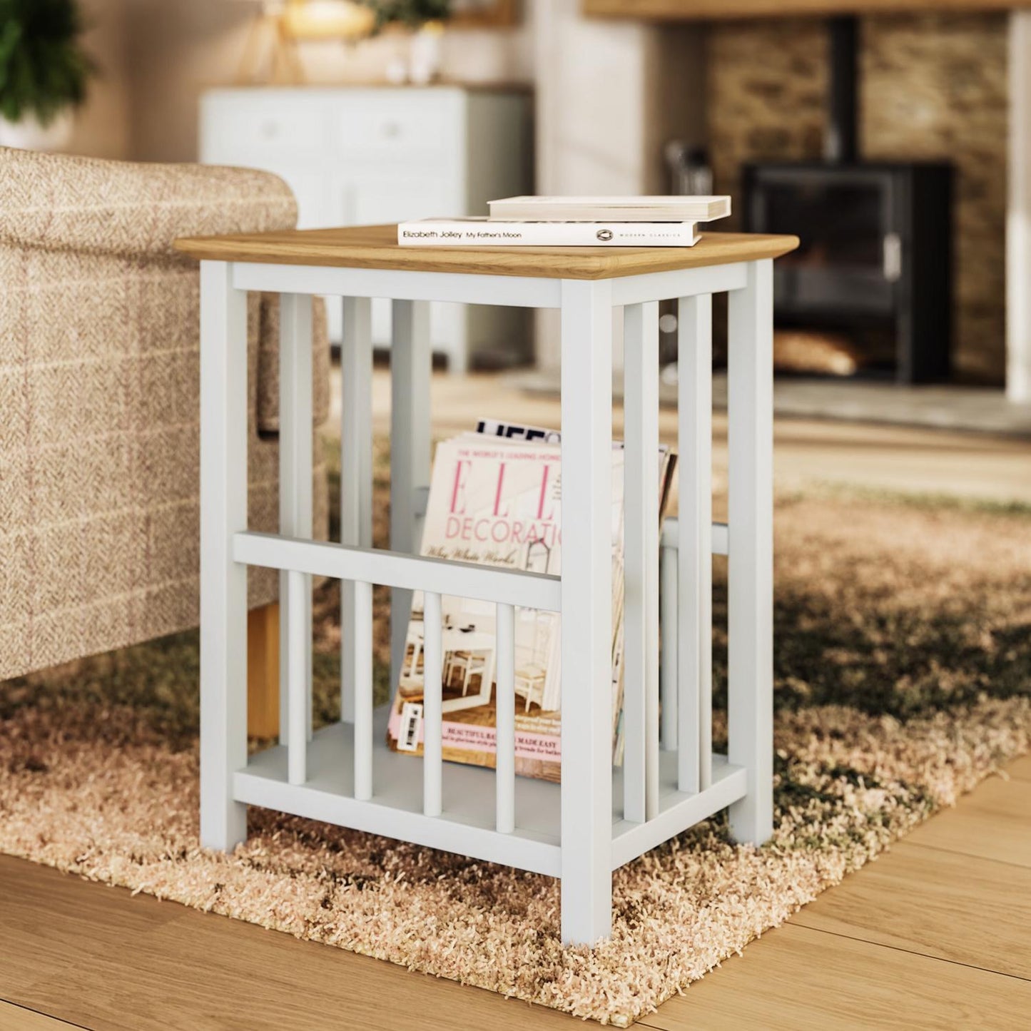 Taberno Linen White Magazine Rack & Turntable Stand – Oak