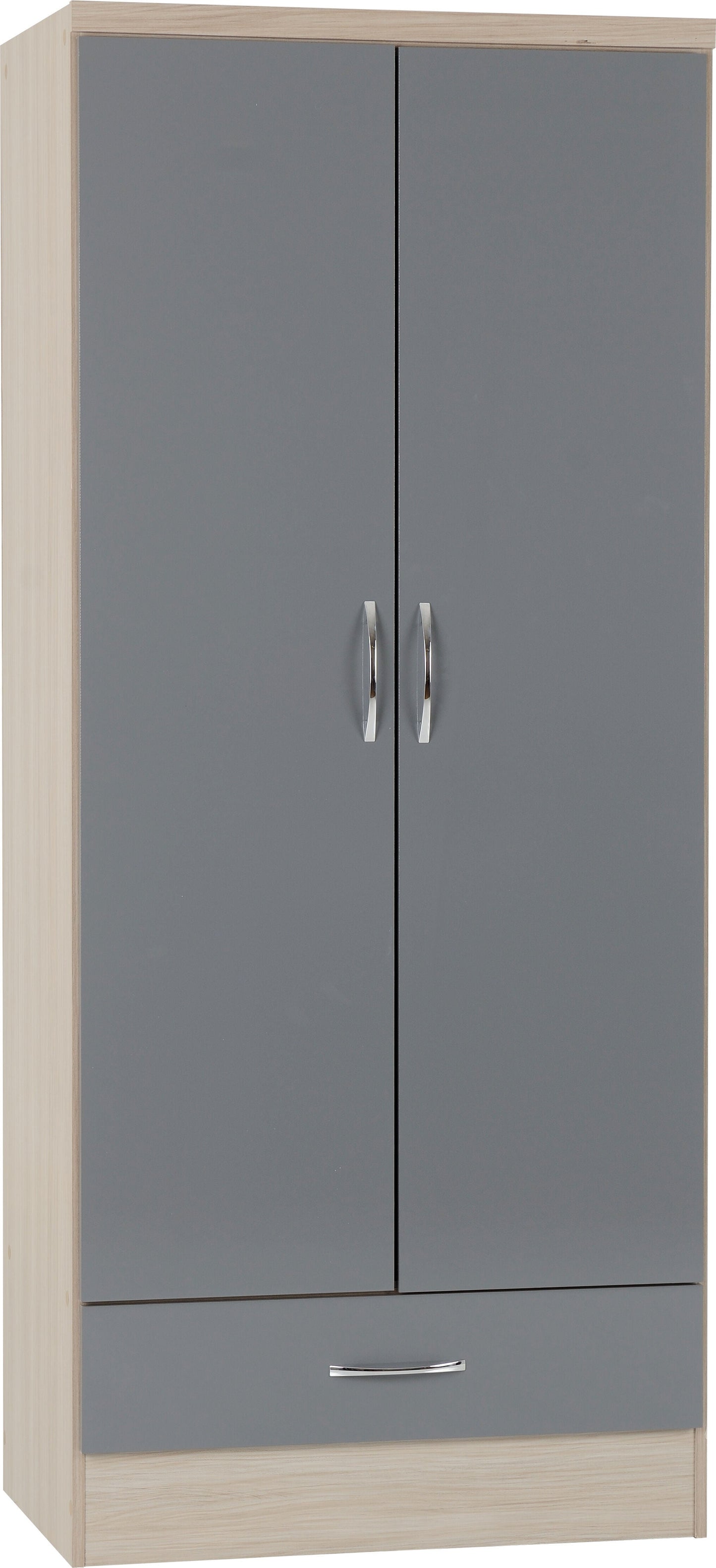 Nevada 2 Door 1 Drawer Wardrobe - Grey Gloss/Oak Effect