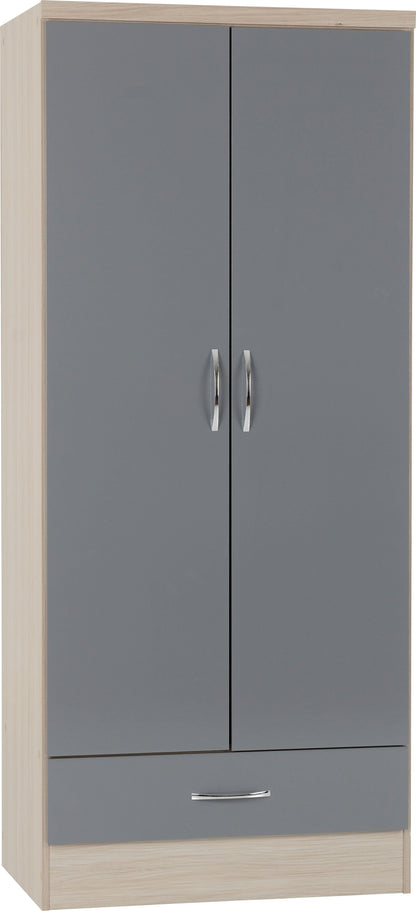 Nevada 2 Door 1 Drawer Wardrobe - Grey Gloss/Oak Effect