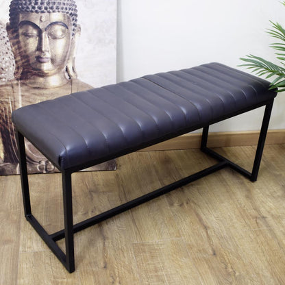 Artisan Grey Leather Bench with Black Iron Frame