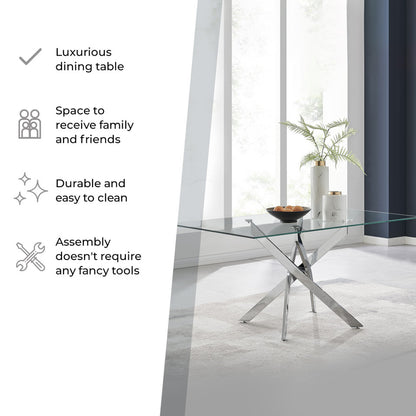 Leonardo Rectangular Glass and Black Metal 6 Seater Dining Table