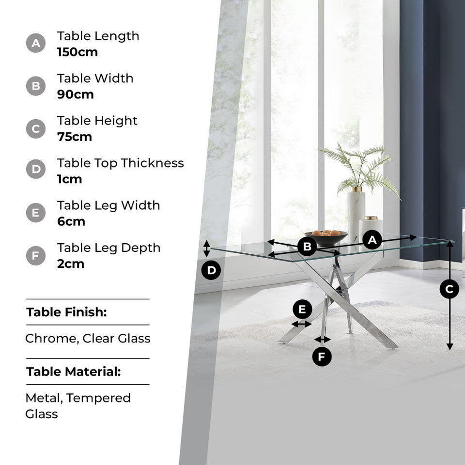 Leonardo Rectangular Glass and Black Metal 6 Seater Dining Table