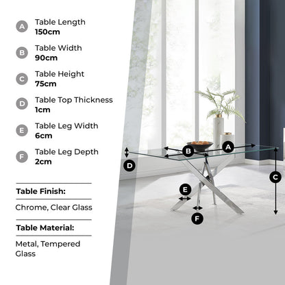 Leonardo Rectangular Glass and Black Metal 6 Seater Dining Table
