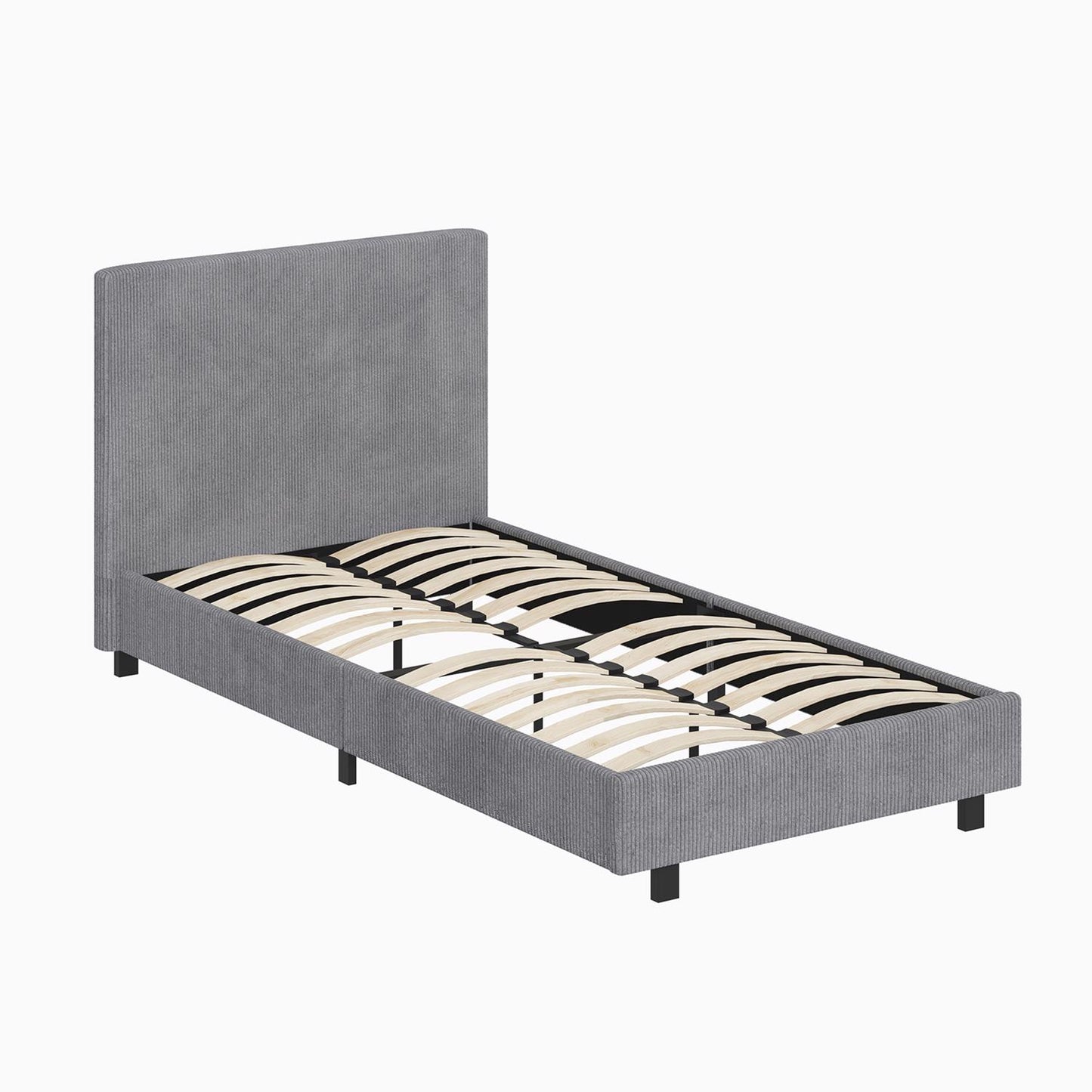 Grey Upholstered Single Bed Frame Ribbed Fabric