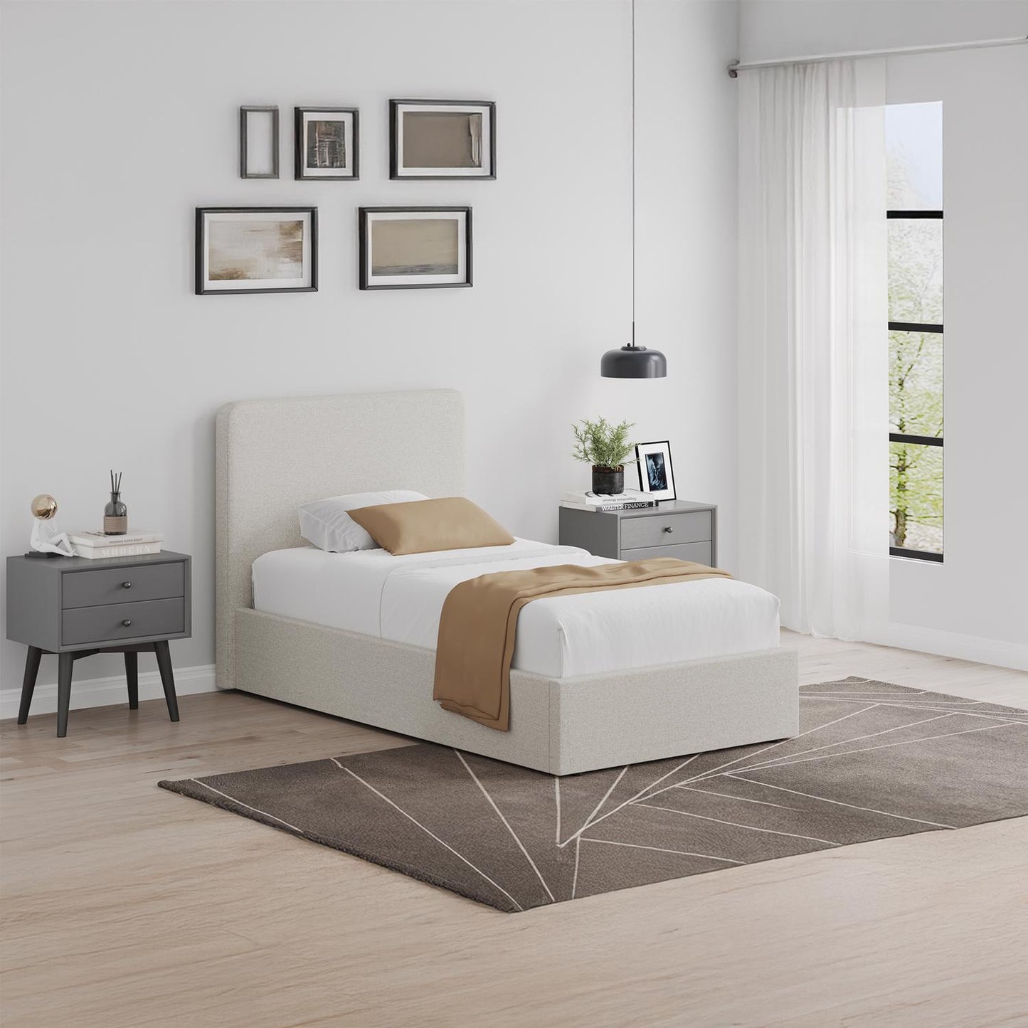 Beige Fabric Single Ottoman Storage Bedframe