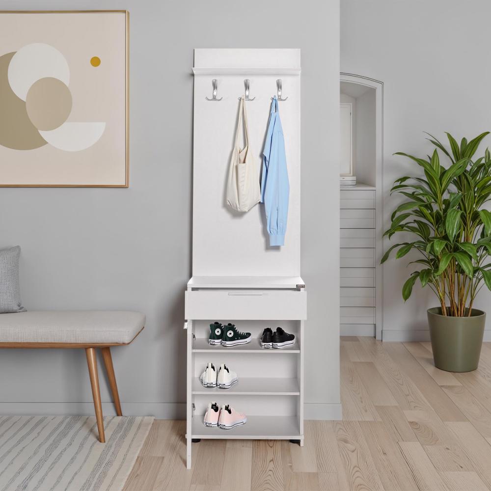 Adore White Hall Stand with Shoe Storage, Hooks & Drawer