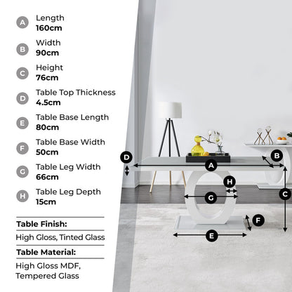 Giovani Rectangular Grey and White High Gloss Glass 6 Seater Large Dining Table