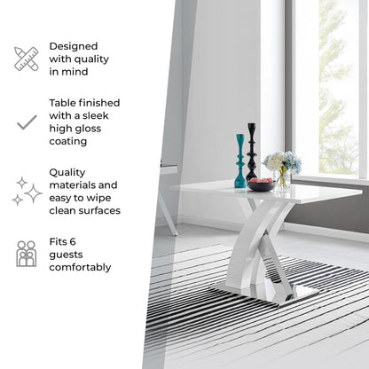 Atlanta Rectangular White High Gloss and Silver Metal 4 Seater Dining Table