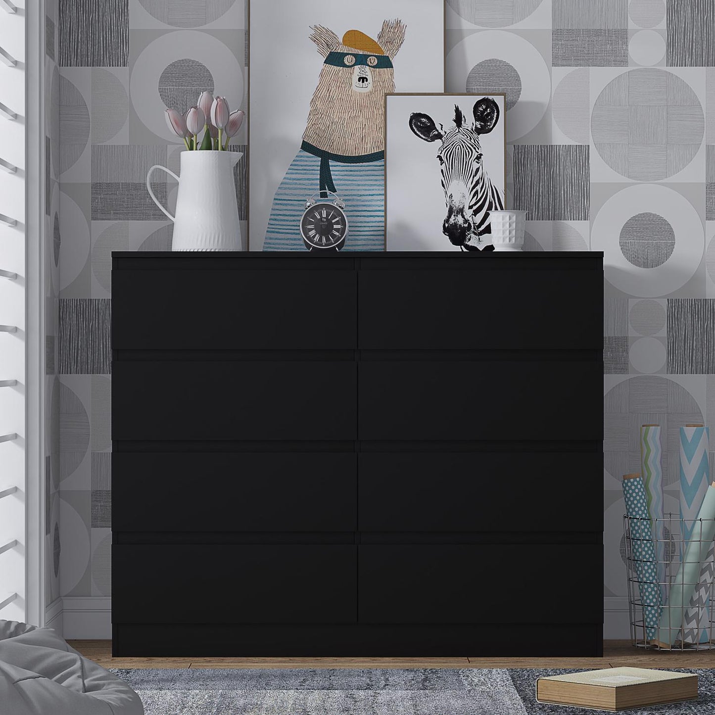 Stora 8 Drawer Wide 4+4 Chest of Drawers – Matt Black
