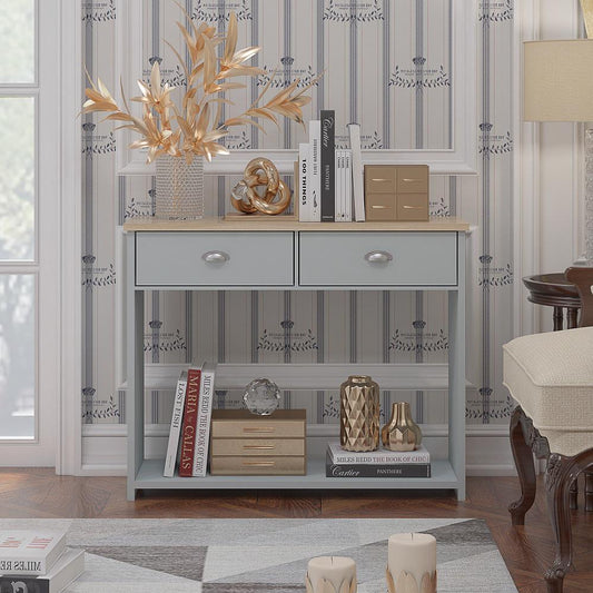 Westbury Farmhouse Console Table with 2 Drawers – Grey & Oak